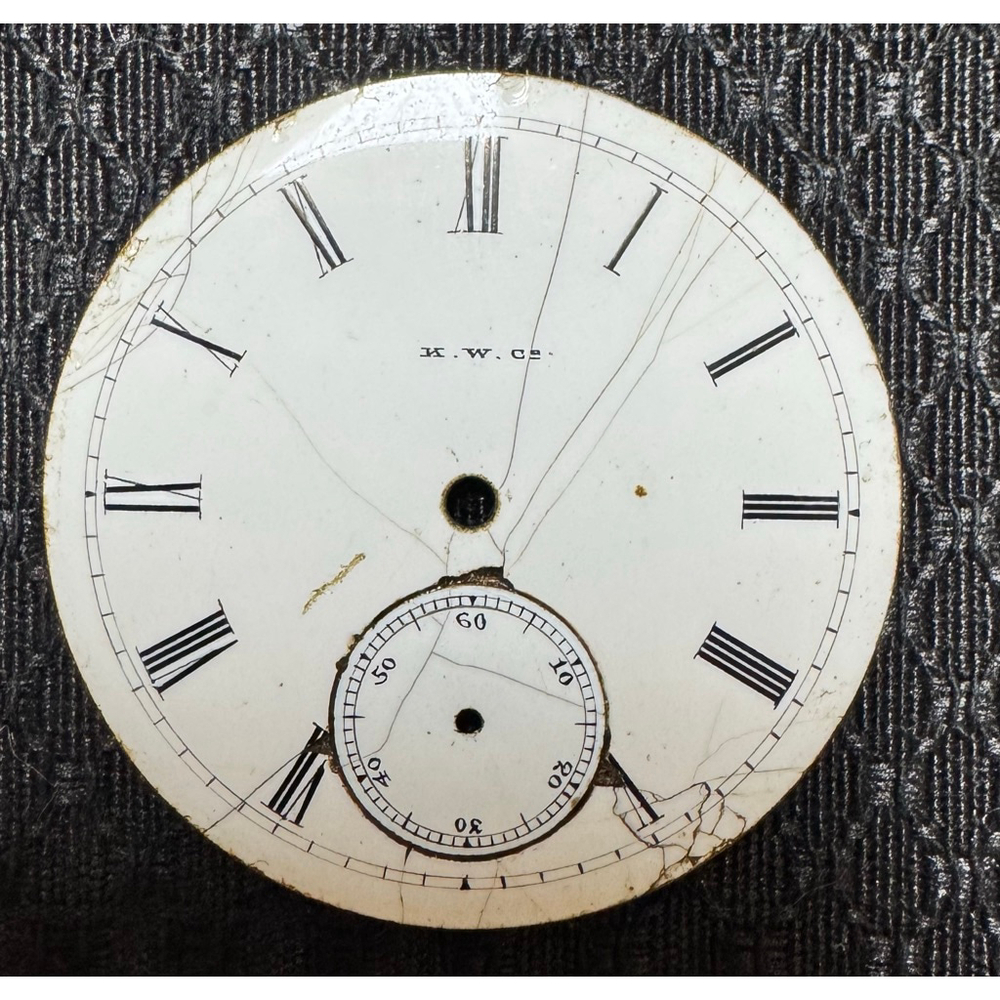 K.W.Co. 18s Roman Numeral Enamel Pocket Watch Dial Chips/Harlines